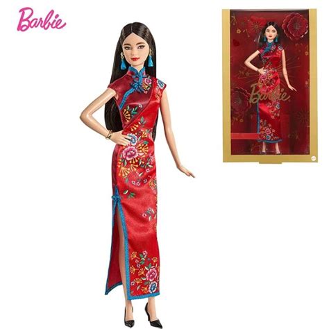 Búp bê Barbie Signature Lunar Year Doll 12 inch Brunette Mặc váy sườn xám Satin đỏ Phụ kiện Đồ