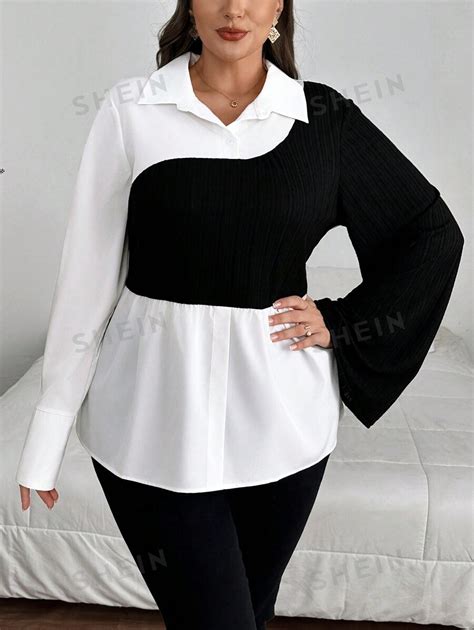 Shein Priv Plus Size Elegant College Style Black White Asymmetrical