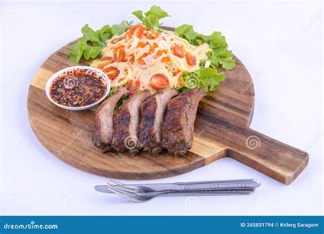 Roasted Pork Steak On The Wooden Plate Stock Photo Image Of Grilling