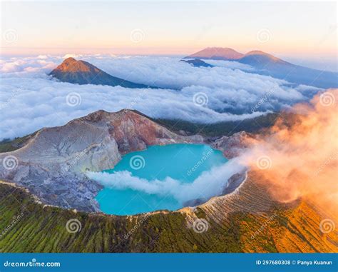 Aerial View Of Rock Cliff At Kawah Ijen Volcano With Turquoise Sulfur