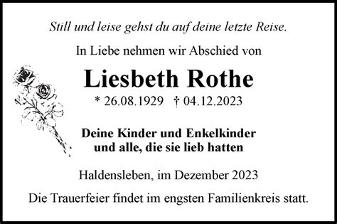 Traueranzeigen Von Liesbeth Rothe Abschied Nehmen De