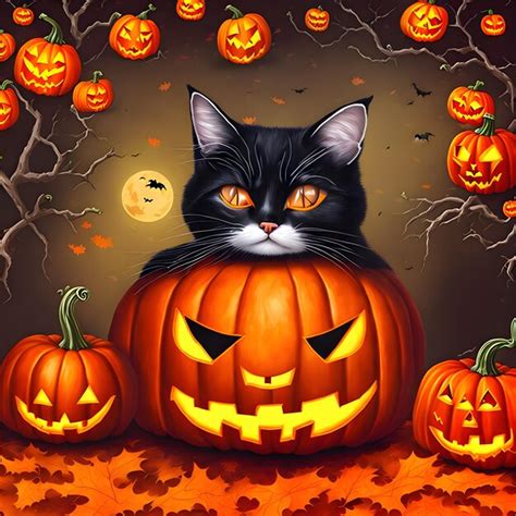 Premium AI Image | Black cat with halloween pumpkin