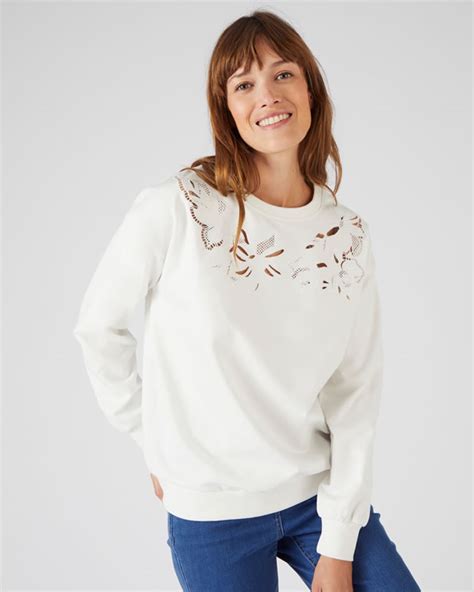 Sweat Broderie Et Guipure Pur Coton Pulls Et Gilets Damart Luxembourg