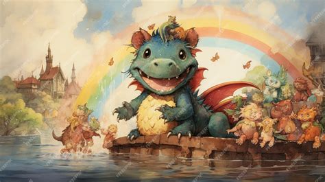 Premium Photo Cartoon Scene With Dragon In The River And Rainbow