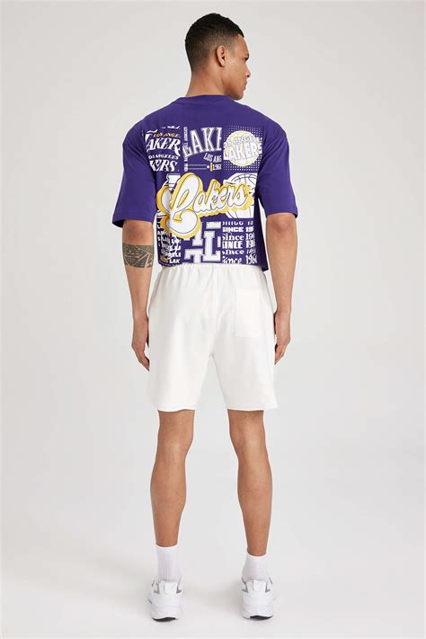 Ekru Erkek Defactofit Nba Los Angeles Lakers Oversize Fit K Sa Pa A