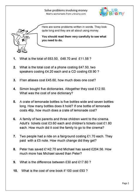 Solve Problems Involving Money Reasoningproblem Solving Maths Worksheets For Year 6 Age 10