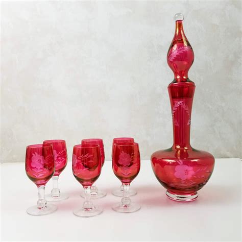 Cranberry Glass Decanter Set Bohemian Etched Cut To Clear Cranberry Pink Glass Carafe Plus 6