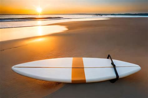 Premium Photo A Surfboard On The Beach At Sunset