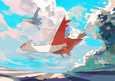 Download Latios And Latias Flying With Huge Wave Wallpaper | Wallpapers.com