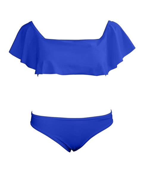 Lady Girls Off Shoulder Ruffle Swim Bathing Suit Bikini Two Piece Set Sapphire Blue Cu O Iye