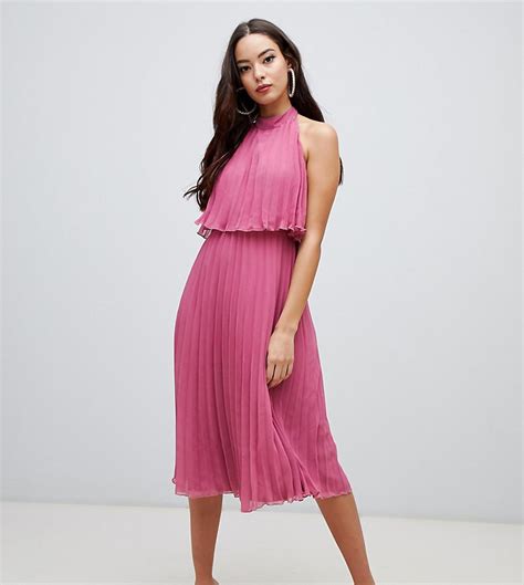 Asos Denim Halter Tie Neck Midi Dress In Pleat In Pink Lyst