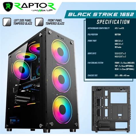 Jual CASING RAPTOR BLACK STRIKE 1652 BLACK FREE 3 FAN RGB ATX GAMING