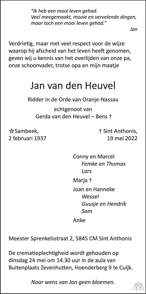 Jan Van Den Heuvel Overlijdensbericht En Condoleances