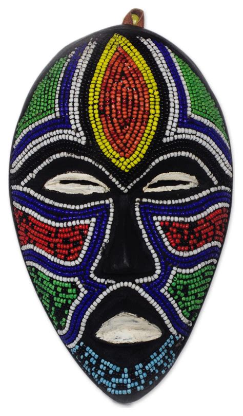 Novica Handmade Face Of Colors Recycled Glass Beaded African Wood Mask Tropical Wall