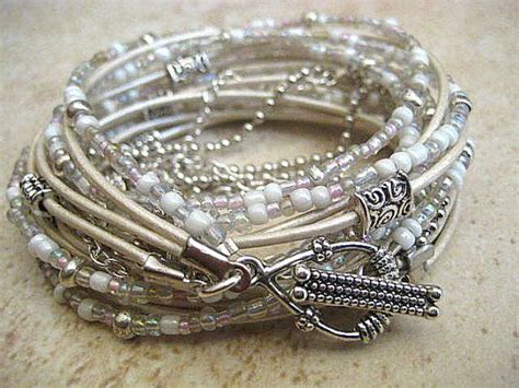 Boho Chic Endless Leather Wrap Beaded Bracelet White Wedding