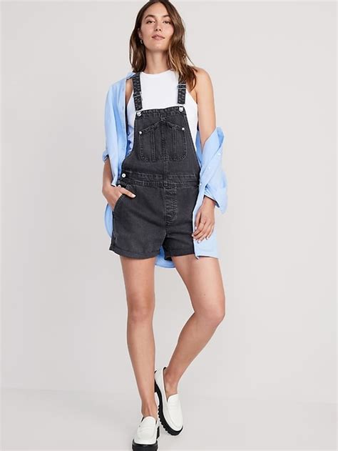 Slouchy Straight Non Stretch Black Jean Short Overalls For Women