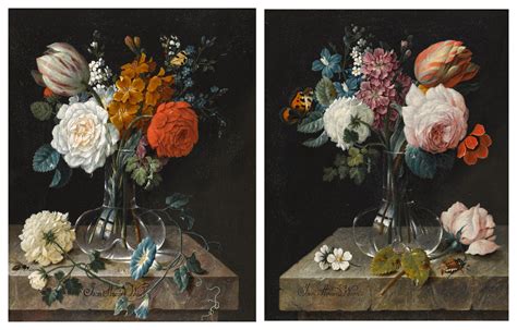 A Pair Of Still Lifes Of Flowers In Glass Vases On Stone Tables Old