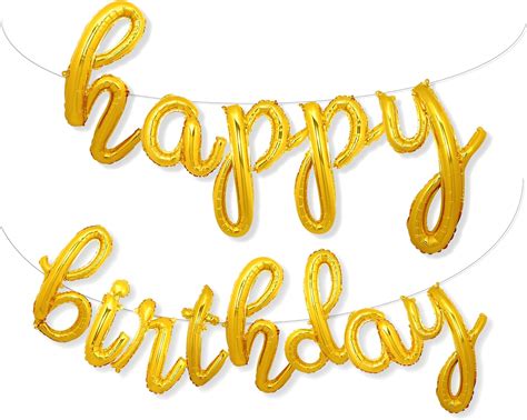 Gold Happy Birthday Balloons Banner Script Cursive Gold Letter