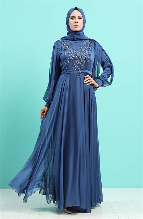 Indigo Hijab Evening Dress Sefamerve