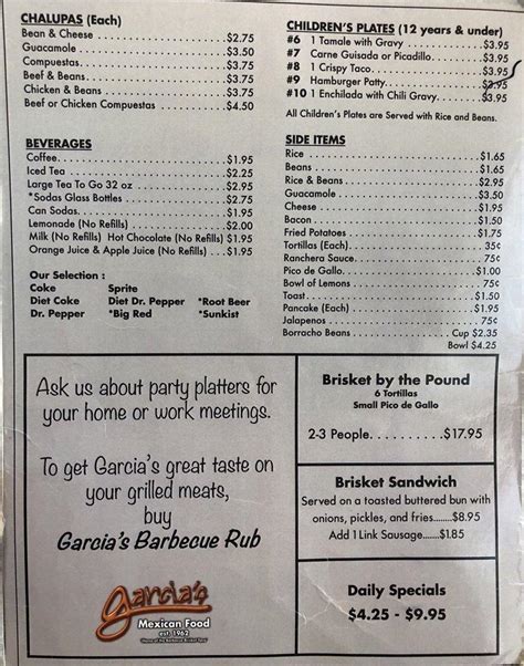 Menu at Garcia's Mexican Food To Go restaurant, San Antonio, 842 ...