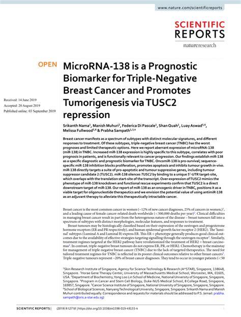 PDF MicroRNA 138 Is A Prognostic Biomarker For Triple Negative Breast