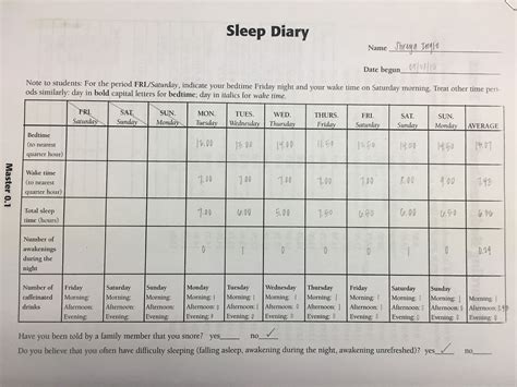 Anatomy And Physiology Sleep Diary