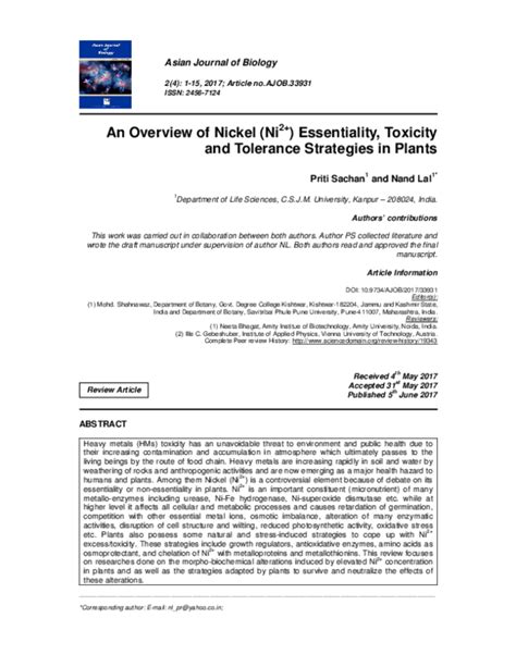 Pdf An Overview Of Nickel Ni 2 Essentiality Toxicity And