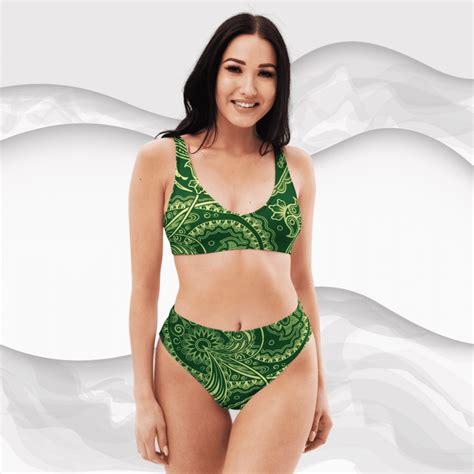 Bikini Piece Swimwear High Waisted Green Boho Print Recycled Made Fresh Shop Frazer