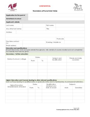 Fillable Online Confidential Teaching Application Form Fax Email