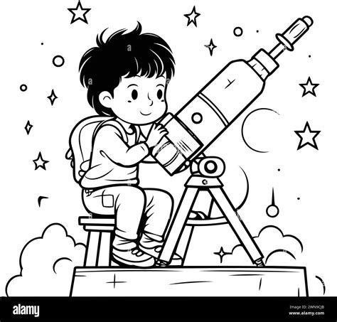 Niño usando un telescopio Ilustración de dibujos animados en blanco y