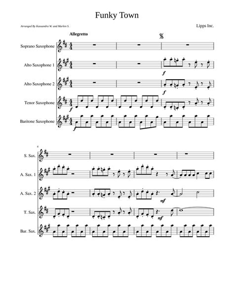 Funky Town Sheet Music For Soprano Saxophone Alto Saxophone Tenor Saxophone Baritone