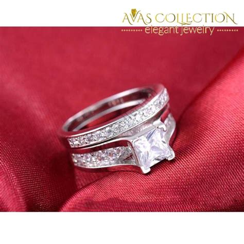 Solid Silver 925 Sterling Silver Princess Cut Wedding Ring Set Avas