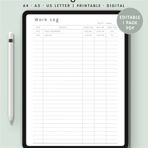 Editable Work Log Work Log Printable Time Spent Tracker Etsy Canada