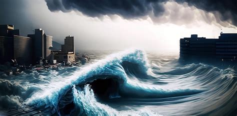 Tsunami Wave Apocalyptic Water View Urban Flood Storm Premium Ai