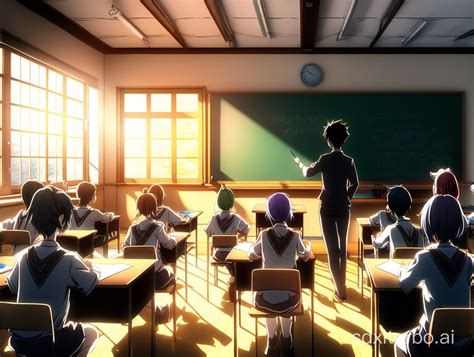 High School Classroom Scene with Students and Teacher in Sunny 3D Anime ...