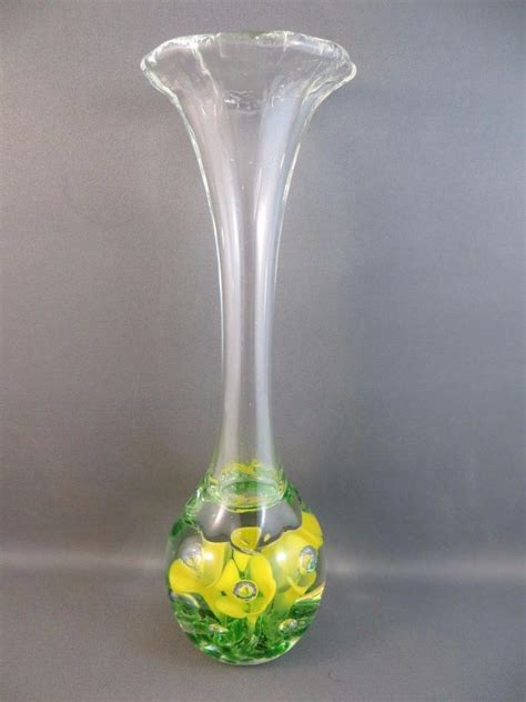 Vintage Signed Joe St Clair Art Glass Sunny Yellow Flowers Paperweight