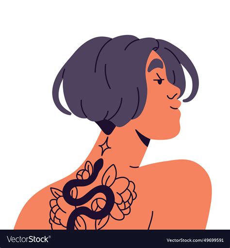 Charming Girl With Tattoo On Naked Back Side View Vector Image