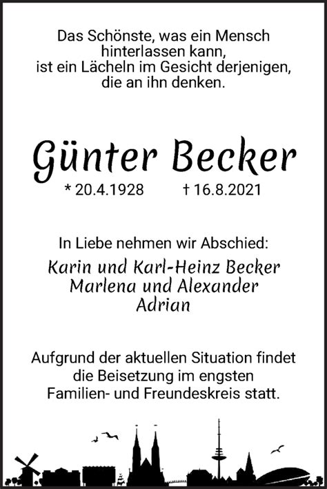 Traueranzeigen Von Günter Becker Trauer And Gedenken