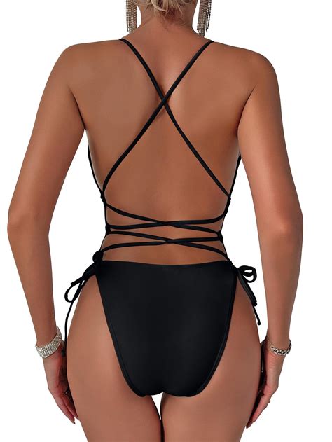 Lilosy Sexy Criss Cross Lace Up Plunge One Piece Swimsuit String Tie