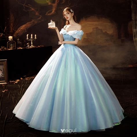 Cinderella Sky Blue Organza Dancing Prom Dresses 2021 Ball Gown Off-The-Shoulder Short Sleeve ...