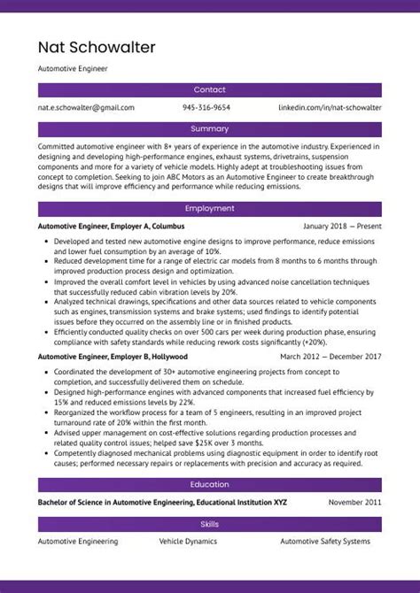 Automotive Engineer Resume (CV) Example and Writing Guide