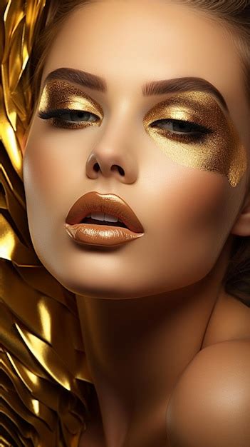 Premium Photo Photo A Woman With A Gold Face And Golden Makeup A Gold Glitter On Her Face