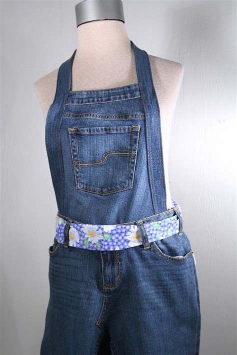 Upcycled Womens Kitchen Apron Made With Denim Blue Jeans