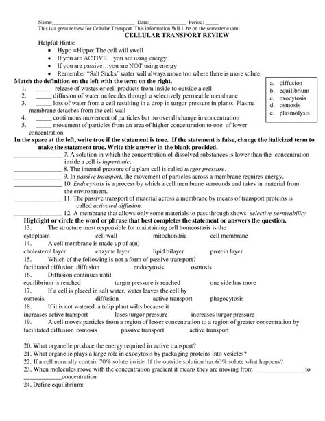 Cell Transport Worksheet