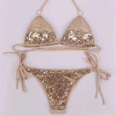 Aliexpress Buy Sequins Bikini Set Halter Metal Swimsuit