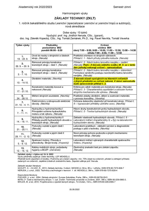 ZT harmonogram vyuky nova akreditace 2022 2023 Akademický rok 2022