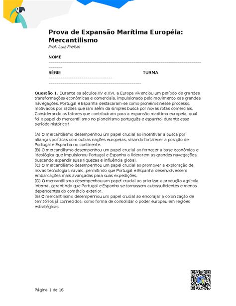 Prova de Expansão Marítima Européia Mercantilismo - Luiz Freitas NOME