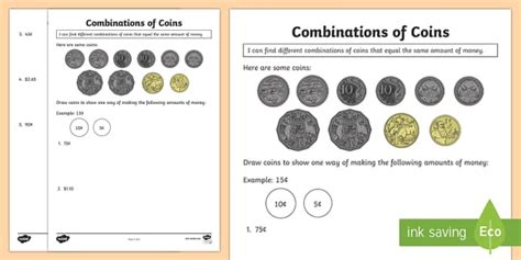 Combination Of Coins Worksheet Worksheet Australia Maths Resource