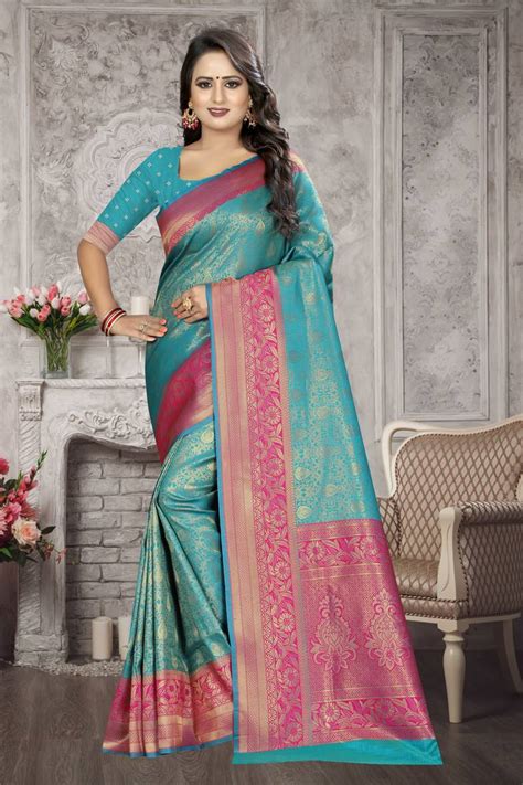 Sky Blue Woven Kanchipuram Silk Saree With Blouse Sharaa Ethnica 3084769