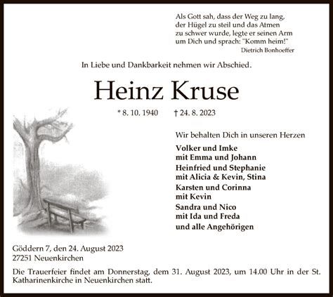 Traueranzeigen Von Heinz Kruse Trauer Kreiszeitung De